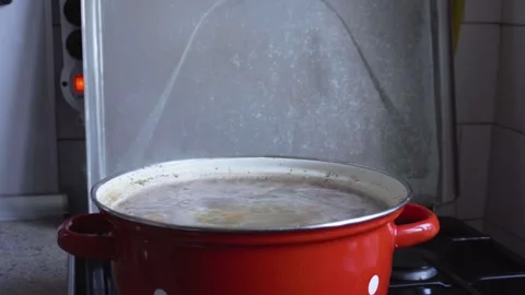 Broccoli Vegetable and Rice Soup Boiling in Red Pot on Gas Stove Stock Footage 327965964