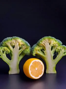 Broccoli vegetables isolated on black background. broccoli and lemon cut in half Stock Photos