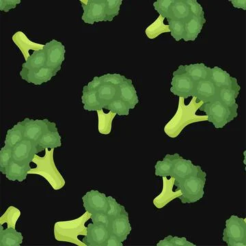 Broccoli Vegetables Seamless Pattern on Black Background. Vector 库存插图