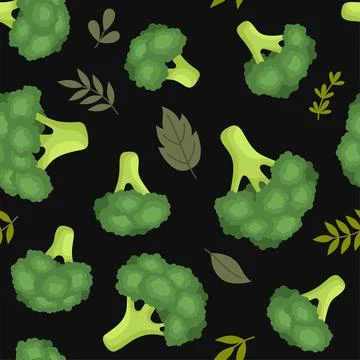 Broccoli Vegetables Seamless Pattern on Black Background. Vector Illustrazione stock