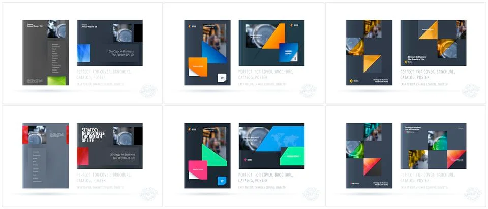 Brochure design rectangular template. Colourful modern abstract set, annual 스톡 일러스트