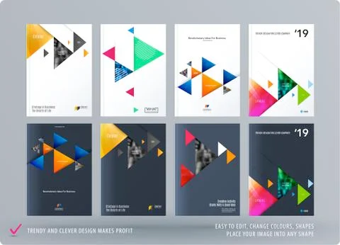 Brochure design triangular template. Colourful modern abstract set, annual Stock Illustration