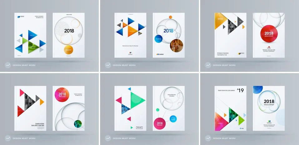 Brochure design triangular template. Colourful modern abstract set, annual Illustrazione stock