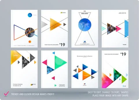 Brochure design triangular template. Colourful modern abstract set, annual Stock Illustration
