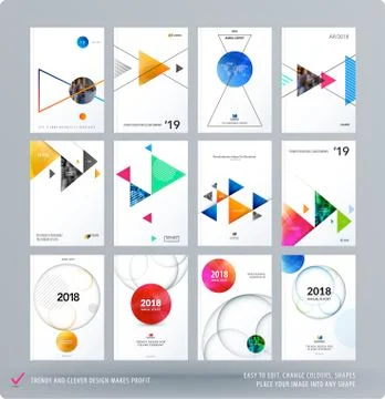 Brochure design triangular template. Colourful modern abstract set, annual Stock Illustration