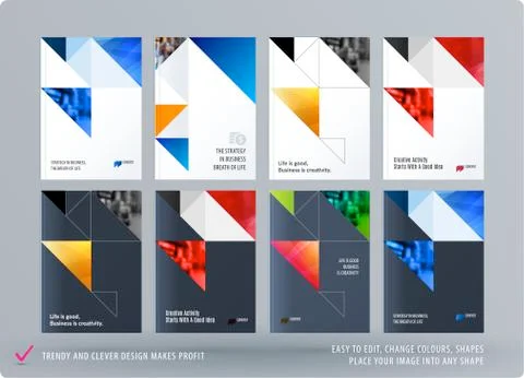 Brochure design triangular template. Colourful modern abstract set, annual Stock Illustration