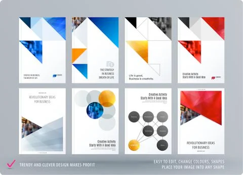 Brochure design triangular template. Colourful modern abstract set, annual Stock Illustration