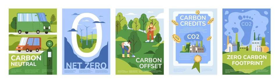 Brochure or poster of net zero emissions, carbon neutral or renewable energy 스톡 일러스트