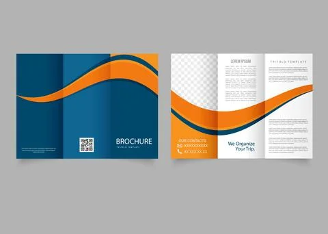 Brochure trifold design template wave curves. Orange blue colors. Stock Illustration