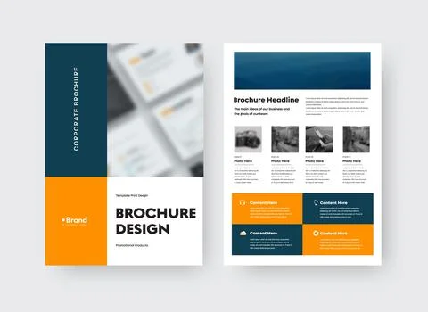 Brochure vector template with blue, orange design on white background, place  Stock Illustration