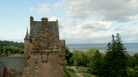 Brodick Castle tower paralax drone Stock Footage 230545409