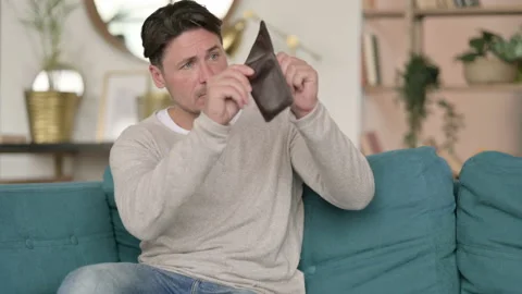 Broke Middle Aged Man Check Empty Wallet, at Home Stock Footage