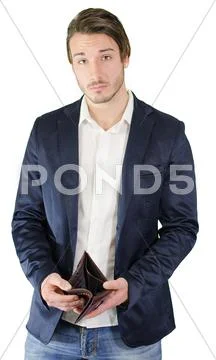 Broke young man showing empty wallet Stock Photos