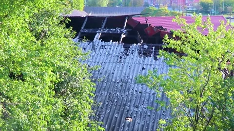 Broken abandoned burnt down industrial building hall house Brest Belarus. Stock Footage 315029290