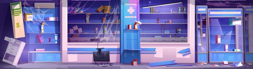 Broken and abandoned pharmacy from inside Illustrazione stock