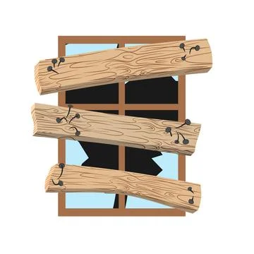 Broken and boarded up window. Abandoned house window Ilustración de archivo