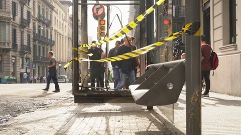 Broken and burnt bus stop in barcelona during mass protests 스톡 동영상 118258141