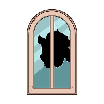 Broken arched window with damaged glass Ilustración de archivo