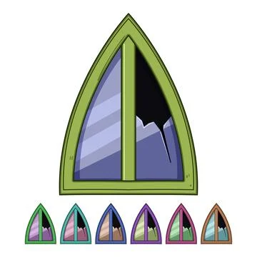 Broken arched window with damaged glass pane Stock Illustration