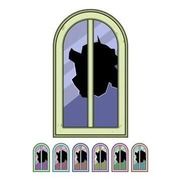 Broken arched window with damaged glass Stock Illustration