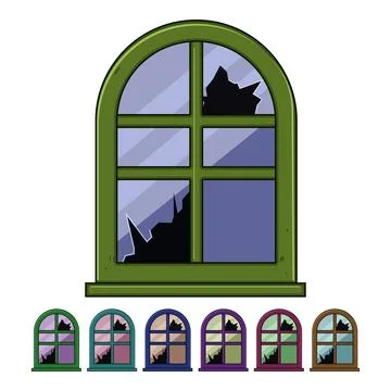 Broken arched wooden window panel glass damage Ilustración de archivo