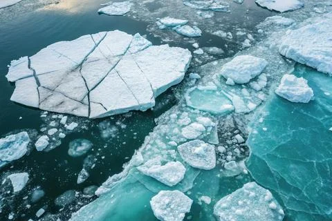 Broken Arctic Ice Floating on Turquoise Sea - Top Down View Stock Photos