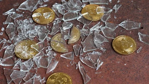 Broken bitcoins. Fall of the Cryptocurrencies Stock Footage 90211472
