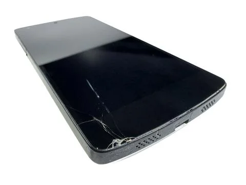 Broken black mobile screen isolated on white background. Copy space. Stock Photos