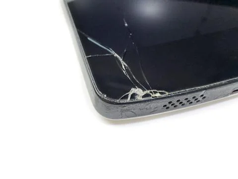 Broken black mobile screen isolated on white background. Copy space. Foto stock