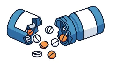 Broken blue pill bottle spilling white and orange tablets symbolizing medic.. Stock Illustration