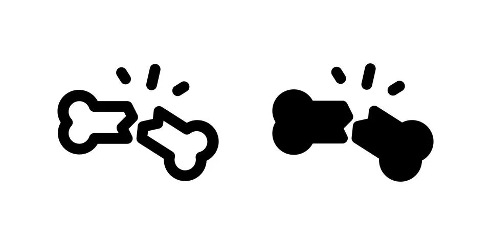 Broken Bone Icon Set. A black glyph and outline icon of a broken bone, indi.. Stock Illustration
