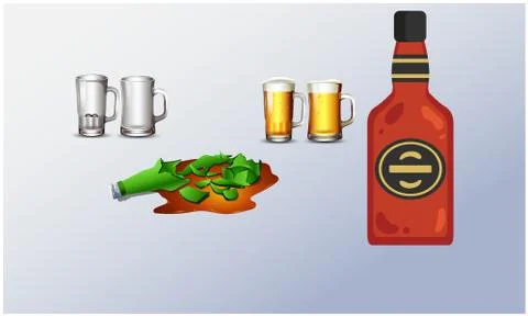 Broken bottle with filled and empty beer mugs Stock Illustration