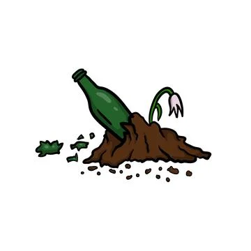 A broken bottle in the ground pollutes the environment and destroys plants. Stock Illustration