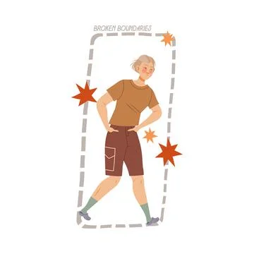 Broken boundaries. Boy standing inside rectangular shape boundaries drawn with Illustrazione stock