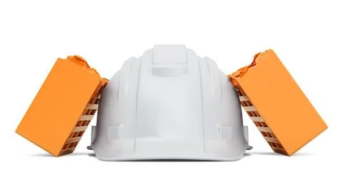 Broken brick on hard hat, 3D rendering Stock Illustration