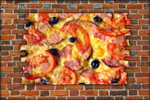 Broken brick wall and view to tasty pizza Stock Photos