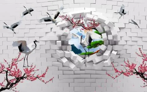 A broken brick wall, cranes, sakura branches, sunset in a fault wall Stock Illustration