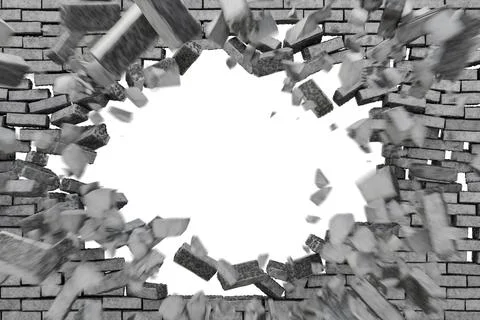 Broken brick wall. Hole in a brick wall. Destruction of a brick wall on a w.. Stock Illustration