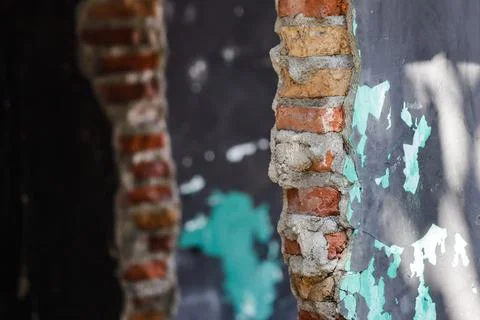 Broken Brick Wall Structure in Abandoned House Ruin, Exposed Red Clay Brick.. Stock Photos