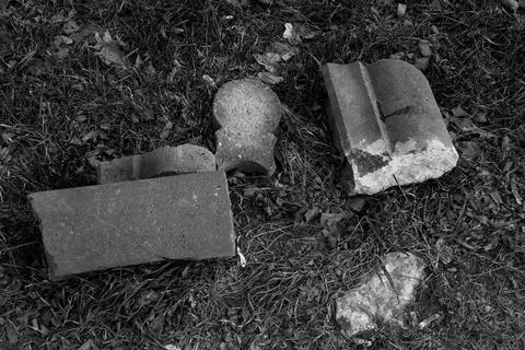 Broken bricks scattered on the ground in a natural setting during the daytime Stock Photos