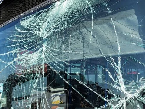 Broken Bus Windshield After Accident Scene Stock Photos