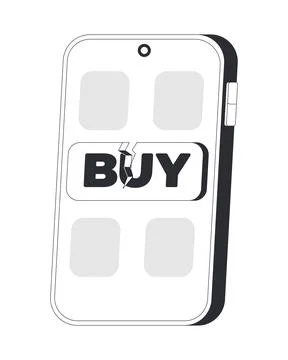 Broken buy button on smartphone screen black and white cartoon clipart Stock Illustration