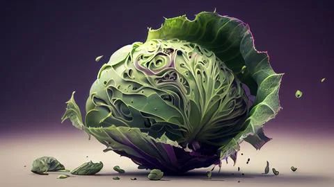 Broken cabbage isolated on purple background. 3d illustration. Stock Illustration