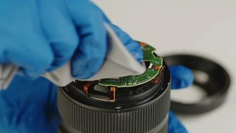 Broken camera lens in hands of master. Unrecognizable person in gloves cleaning Stock Footage 182551464