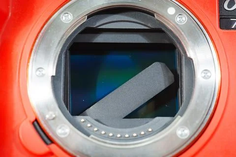 Broken camera shutter reveals sensor and internal components in detail Stock Photos