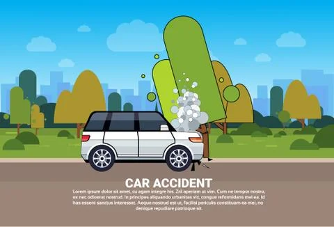 Broken Car On Road Background With Copy Space Vehicle Accident Concept Stock Illustration