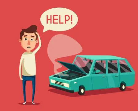 Broken car. Vector cartoon illustration. Need help Stock Illustration
