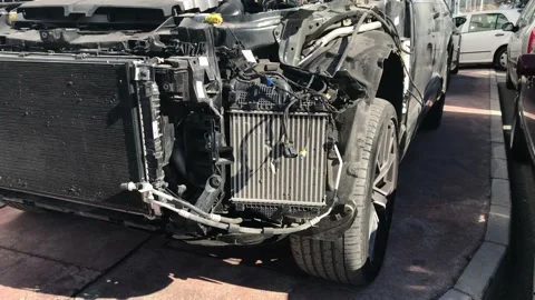 Broken car, vehicle without front hood after an accident. Stock Footage 133171475