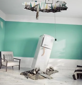 Broken ceiling and falling refrigerator Stock Illustration