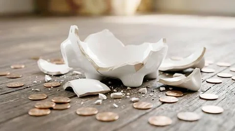 Broken ceramic coffee cup and saucer with spilled coins on gray concrete su.. Stock Photos